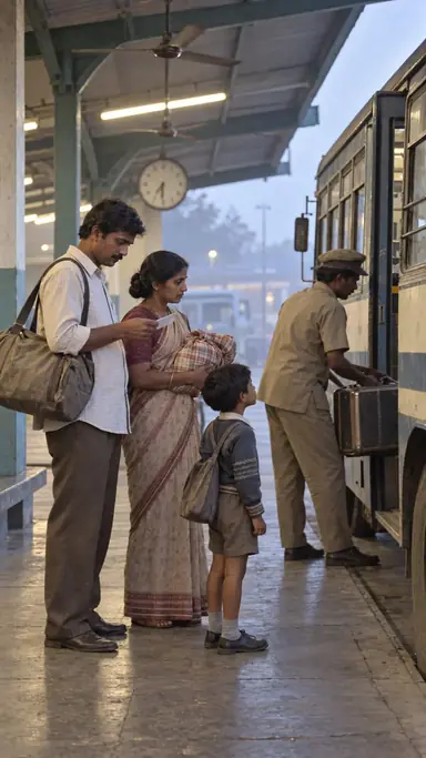 Indian family waiting at a modest 1980s bus station before sunrise