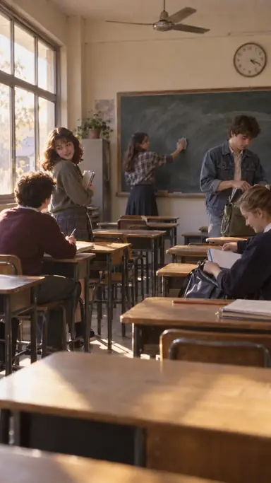 Students packing notebooks in a warm late-afternoon 1980s classroom
