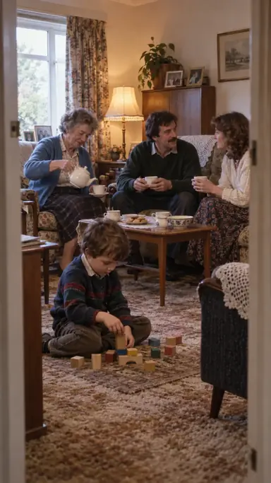 Multigenerational family sharing Sunday tea in a modest 1980s sitting room