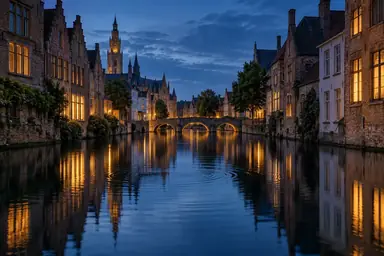 Blue-hour canal with warm building reflections disturbed by delicate water ripples.
