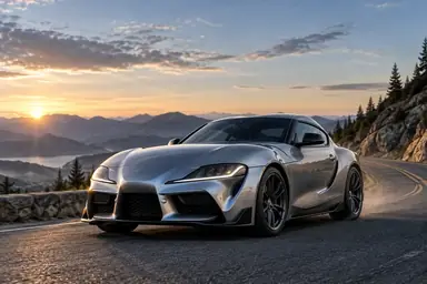 Silver sports coupe beginning to move on an empty mountain road at dawn.