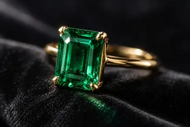 Emerald ring on dark velvet illuminated by a controlled luxury light sweep.