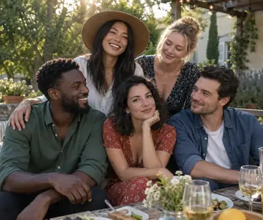 Five friends in a garden group portrait sharing relaxed expressions and a candid glance.