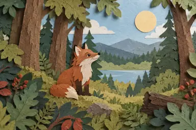 Layered paper-cut fox illustration with tactile fibers and soft dimensional shadows.