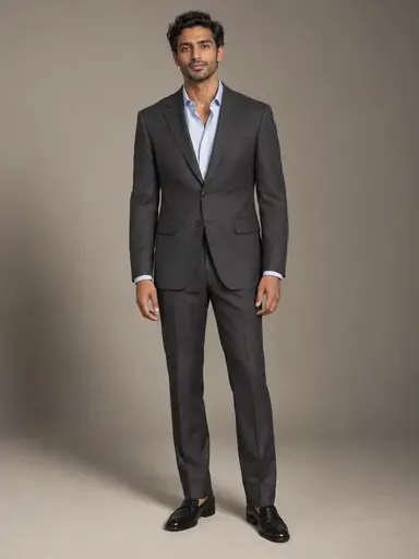 Adult wearing a charcoal suit and pale blue shirt against a warm gray studio backdrop.