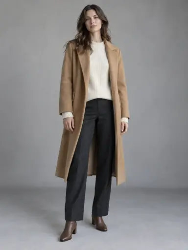 Adult in a camel overcoat layered over a cream sweater with dark trousers and brown boots.