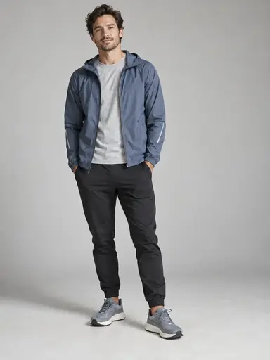 Adult wearing a slate-blue running jacket, gray tee, and black joggers in a neutral studio.