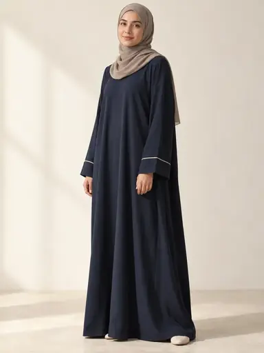 Woman wearing a navy abaya with cream cuff piping and a taupe headscarf in an off-white studio.