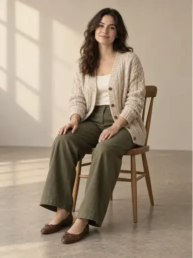 Seated adult wearing an oatmeal cardigan, ivory top, and olive trousers on a wooden chair.