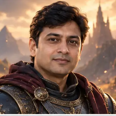 Cinematic fantasy hero profile portrait with dramatic lighting and subtle atmospheric details.