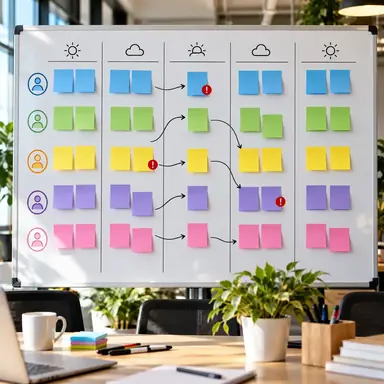 Team whiteboard reorganized into balanced weekday columns with dependency markers.