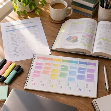 Syllabus and textbook beside a color-coded seven-day study planner.