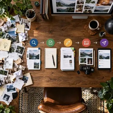 Scattered content ideas organized into a weekly multi-stage production pipeline.