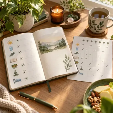 Routine journal beside a minimal seven-day habit tracker in warm morning light.