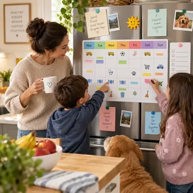 Fridge notes organized into a colorful shared household weekly overview.