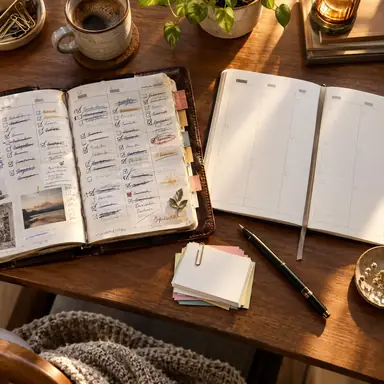 Completed weekly planner beside a fresh spread and a small stack of carryover cards.