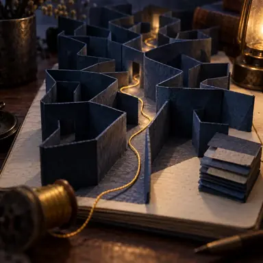 Conceptual illustration of a golden thread exploring folded paper corridors beside stacked tabs.