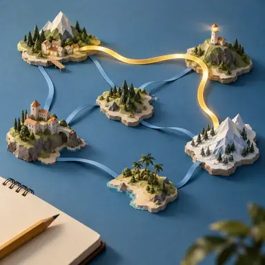 Conceptual illustration of a golden route connecting paper islands among muted alternative ribbons.