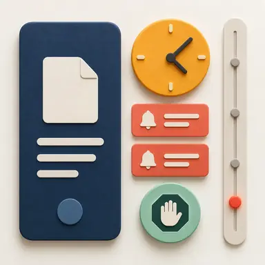 Conceptual overdue approval board with a navy card, amber clock disc, coral notifications, and a mint stop marker.