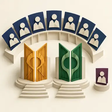 Conceptual committee approval board with indigo reviewer tiles, amber and emerald gates, and a separate plum exception tile.