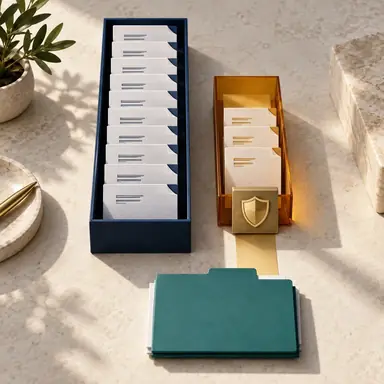 Conceptual expedited approval board with a navy review column, amber exception lane, shield tile, and teal follow-up folder.