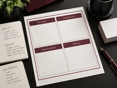 Competitive positioning SWOT sheet with comparison notes on a dark desk.