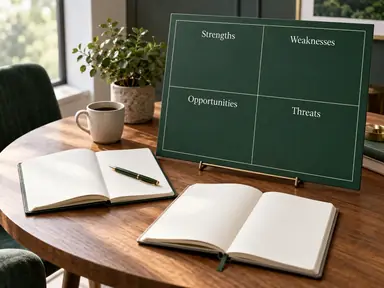 Partnership SWOT board between two open meeting notebooks.