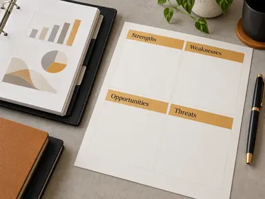 Business turnaround SWOT sheet beside a review binder and pen.