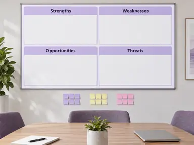 Cross-functional SWOT board with grouped team notes in a meeting room.