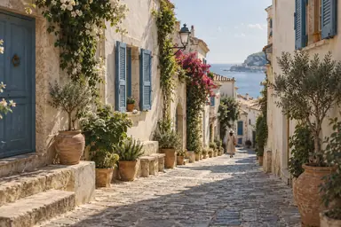 Sunlit street with cream walls, blue shutters, and terracotta pots in a subtle warm film style.
