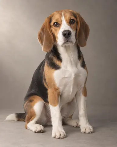 Tricolor beagle seated against a warm-gray backdrop with softly lit fur and visible whiskers.