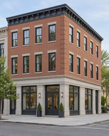 Red-brick corner building with straight vertical edges and naturally receding side walls.