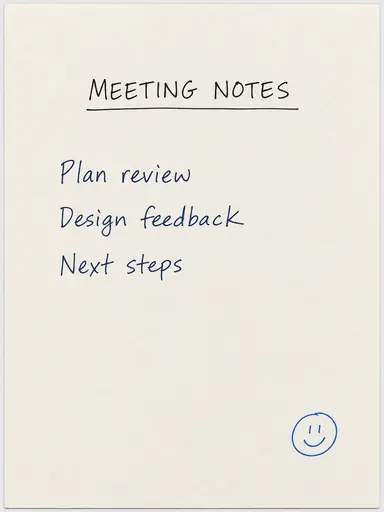 Cream page with a Meeting Notes heading, three handwritten items, and a small blue circular doodle.