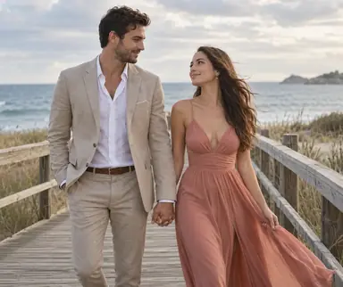 Couple holding hands on a seaside boardwalk with a calm sea and gentle breeze.