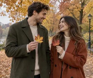 Couple laughing and holding autumn leaves on an amber tree-lined park path.
