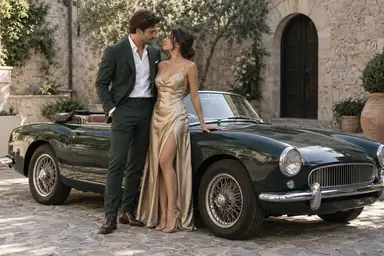 Couple in emerald and champagne eveningwear standing beside a parked vintage convertible.