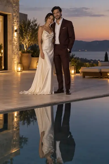 Couple standing beside a reflecting pool at twilight with their reflections visible in the water.