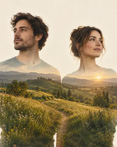 Double-exposure artwork of two adults standing side by side with a small gap between them, blended with couple landscape imagery.
