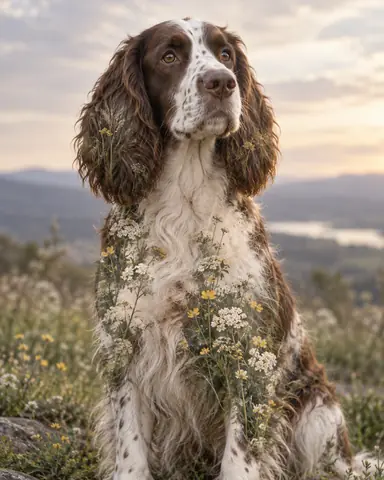 Double-exposure artwork of a brown-and-white spaniel sitting with its chest visible, blended with pet wildflowers imagery.