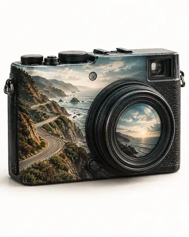 Double-exposure artwork of a black compact camera viewed from the front at a slight angle, blended with camera travel imagery.