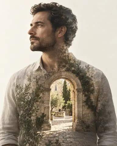 Double-exposure artwork of an adult in a plain collared shirt looking left, blended with architectural archway imagery.