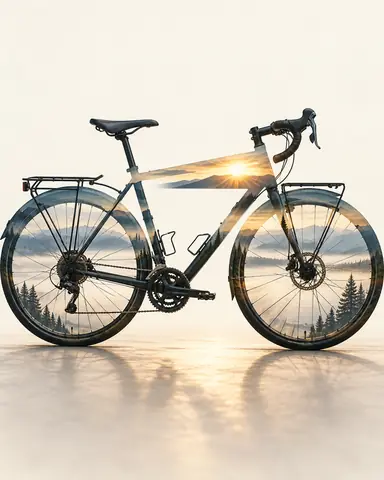 Double-exposure artwork of a simple dark touring bicycle in full side view, blended with bicycle landscape imagery.