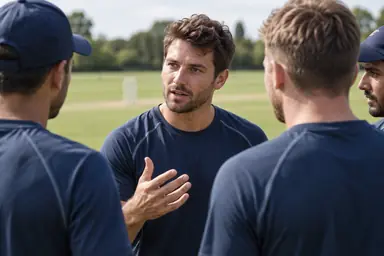 Cricket player speaking to teammates during a small cricket huddle.