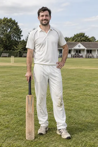 Cricket player standing with a well-used bat beside a modest local pitch.
