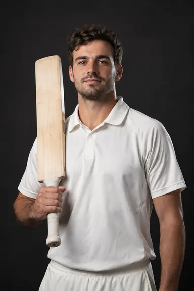 Cricket player posing with a bat beside the shoulder against a charcoal studio backdrop.