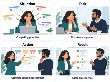 Four-panel STAR storyboard showing competing priorities, a listening meeting, joint prioritization, and an agreed schedule.