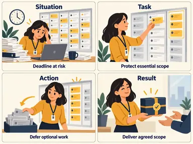 STAR storyboard illustrating an overloaded project, essential task selection, optional work deferral, and delivery of agreed scope.