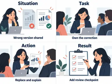Four-panel STAR storyboard showing a document version mistake, ownership, correction, and a new review checkpoint.