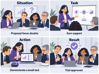 STAR storyboard depicting stakeholder doubts, a pilot proposal, a demonstration, and approval for a trial.
