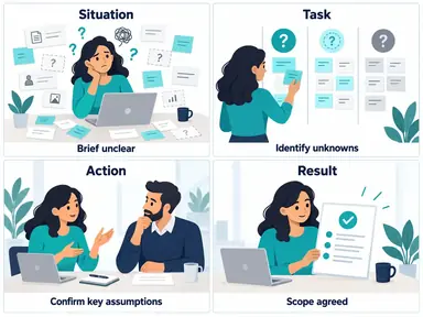 Four-panel STAR storyboard showing unclear request cards, grouped unknowns, a clarification discussion, and an agreed scope.